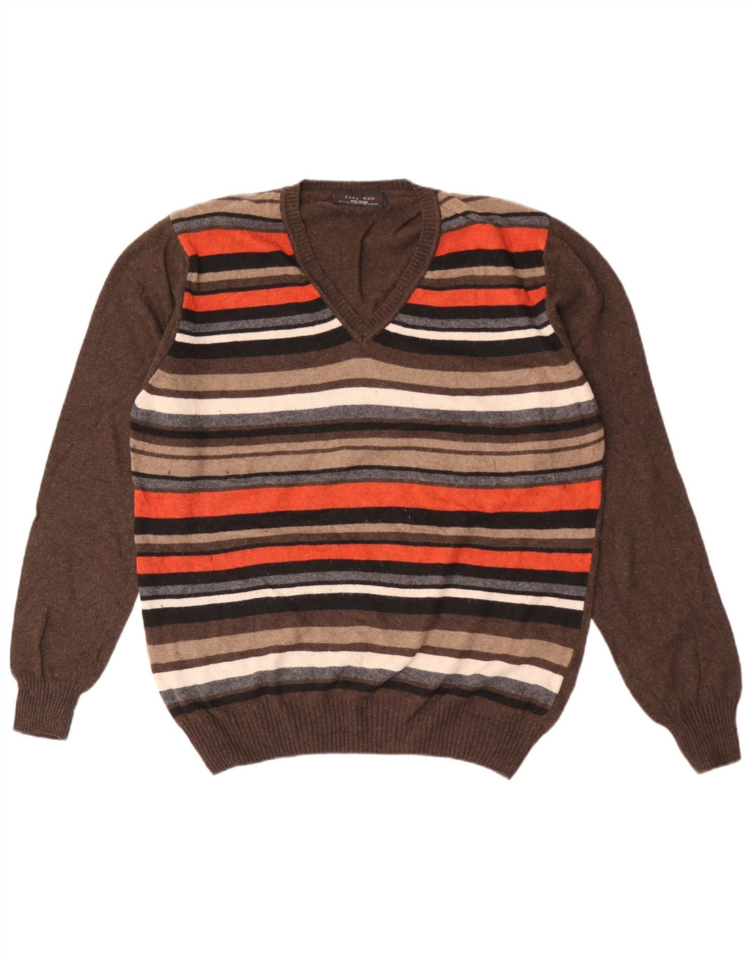 Zara Hombre Jersey Con Cuello De Pico Large Viscosa A Rayas Marrón