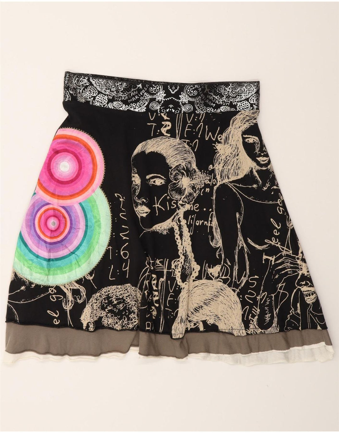 Desigual Mujer Falda Acampanada Gráfica Mediana W30 Negro Geométrico