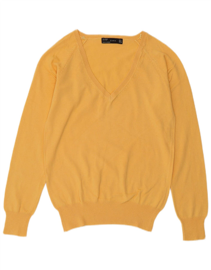 ZARA Jersey con cuello en V para mujer UK 44 Large Algodón amarillo
