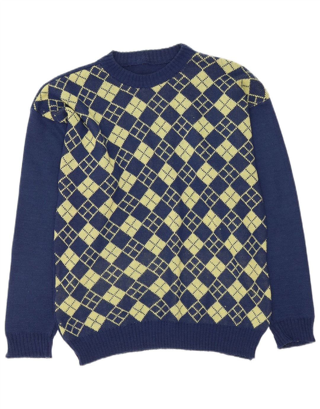 Vintage hombres barco cuello jumper suéter medio azul marino Argyle/Diamond