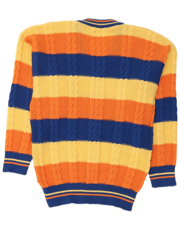 Vintage hombres V-cuello jumper suéter medio multicolor rayas