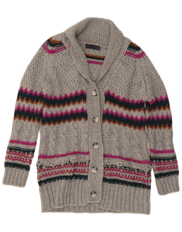 Zara Mujer Longline Cardigan Suéter UK 46 Grande Gris Rayado Acrílico