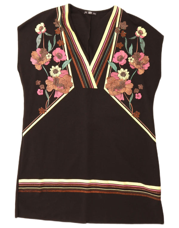 Zara Vestido Túnica Sin Mangas para Mujer UK 40 XL Poliéster Floral Negro