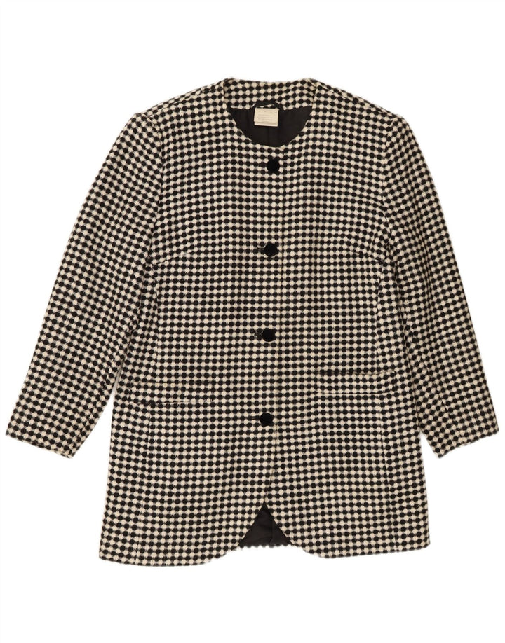 Vintage mujer 4 botones Blazer chaqueta Reino Unido 16 grande negro comprobar poliéster