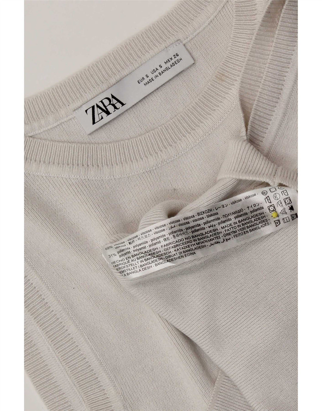 Zara Mujer Jersey Crop Top UK 8 Small Off White Viscosa