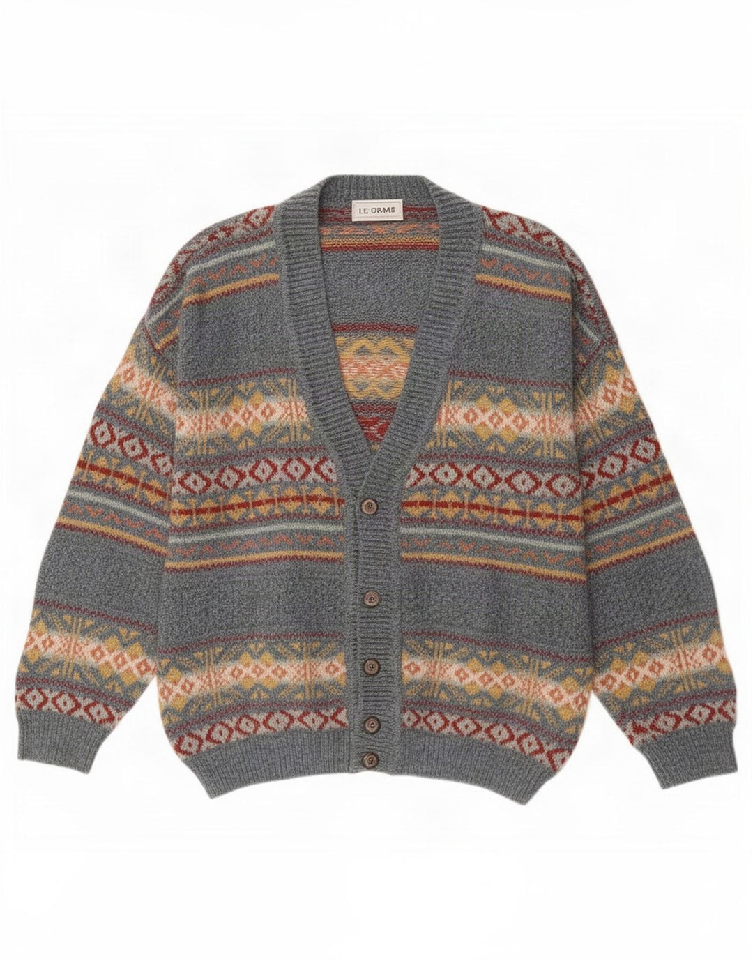 Vintage hombres Cardigan suéter grande gris Fair Isle acrílico