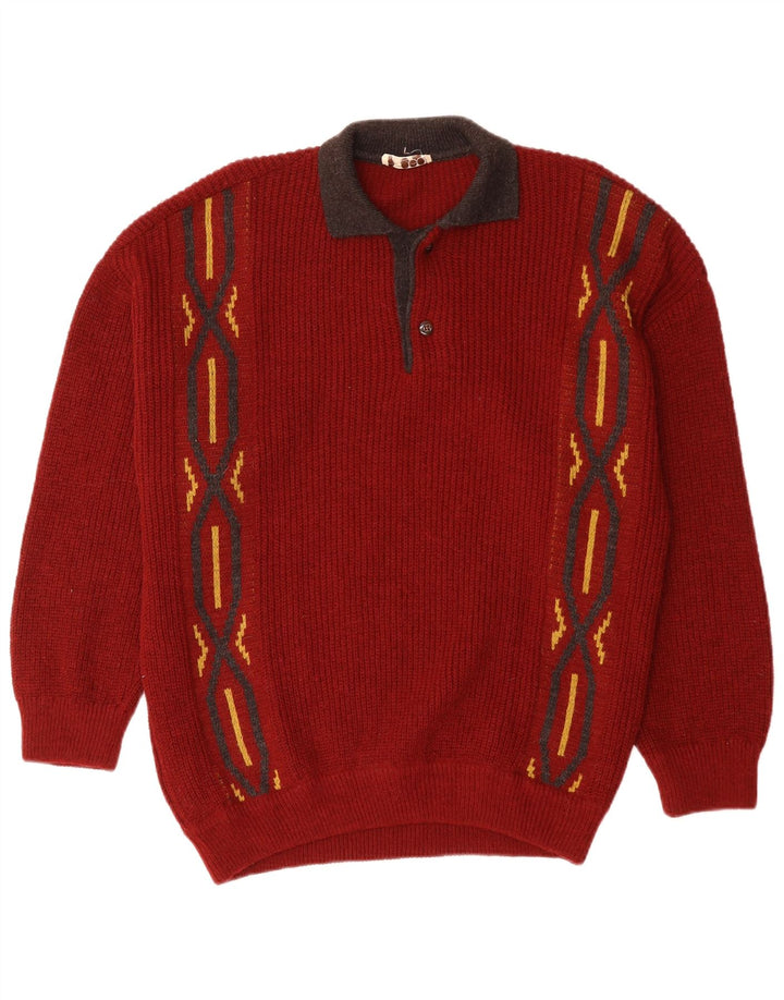 VINTAGE Hombres Polo Cuello Jersey Suéter Grande Rojo Geométrico