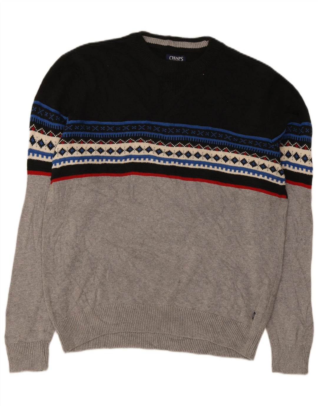 Chaps Suéter tipo jersey con cuello redondo para hombre, tamaño grande, gris, algodón Fair Isle