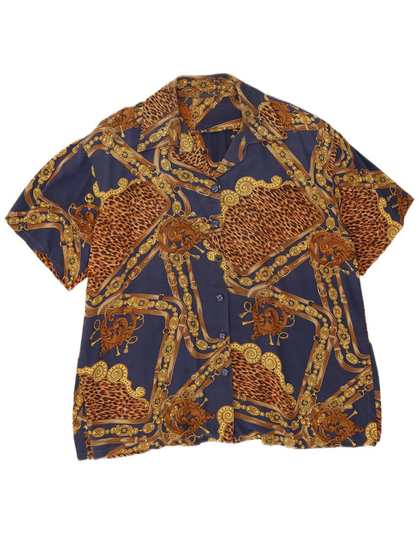 Vintage mujer patrón abstracto camisa blusa Reino Unido 18 XL azul marino