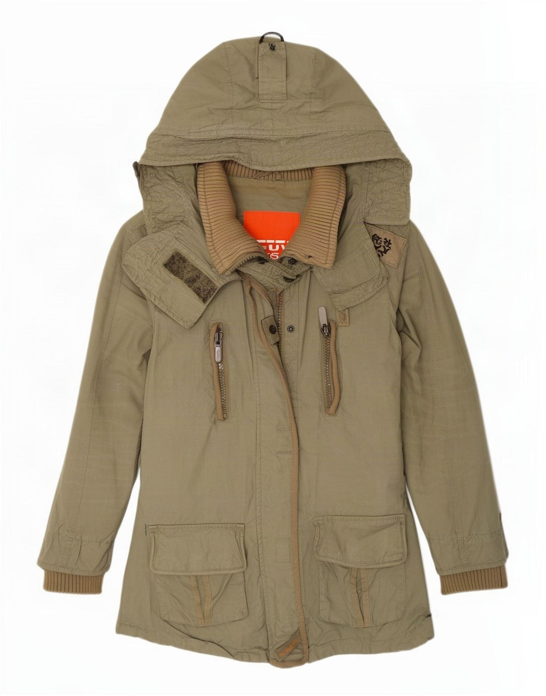 Superdry Parka con capucha para mujer, talla 40, algodón caqui mediano