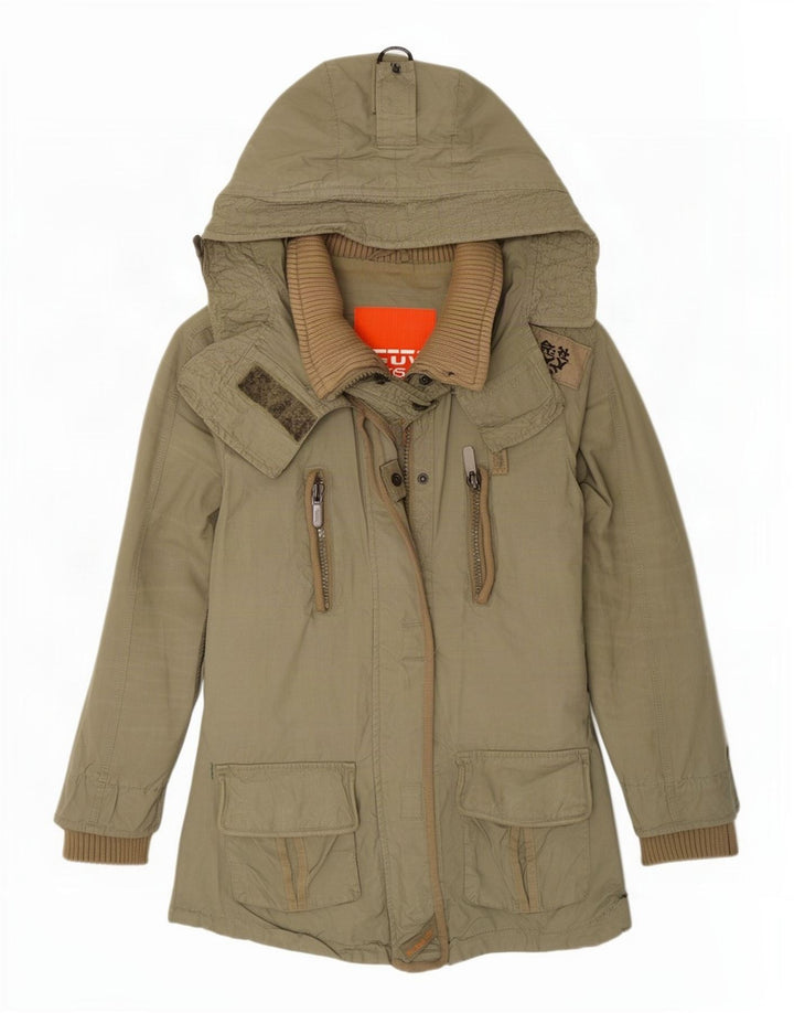 Superdry Parka con capucha para mujer, talla 40, algodón caqui mediano