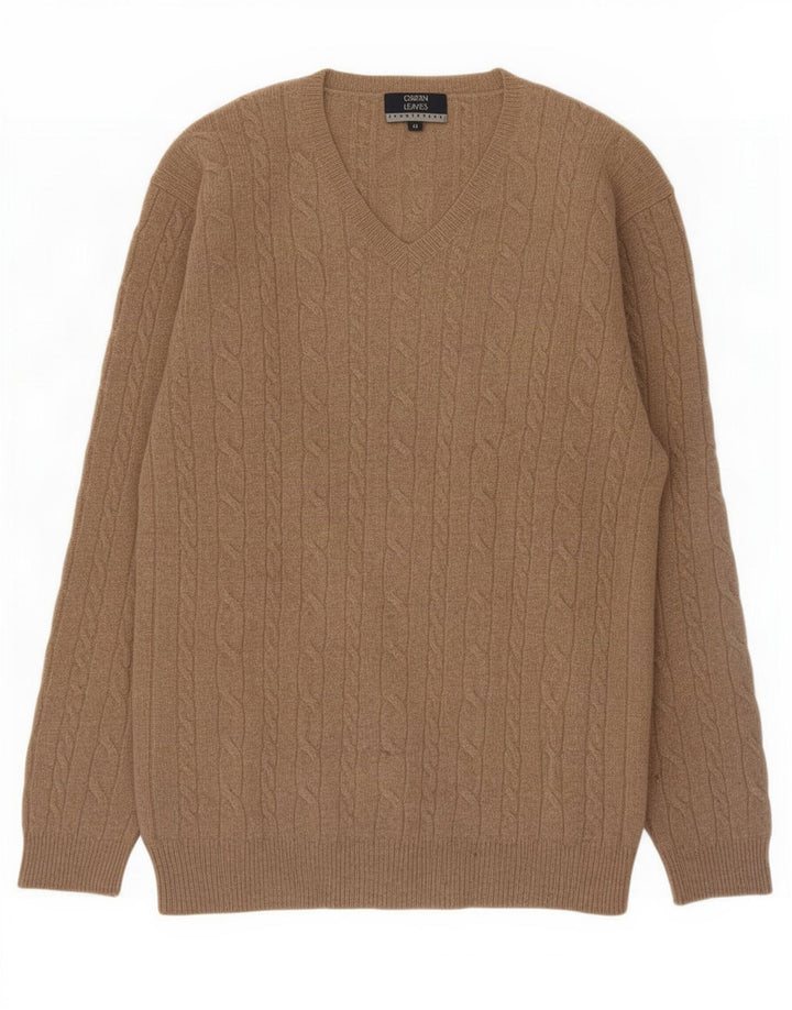 Jersey con cuello en V para hombre con hojas verdes de lana beige medio