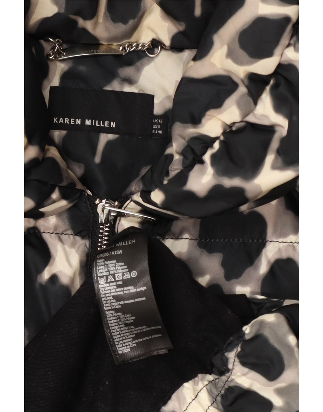 Karen Millen Abrigo acolchado para mujer UK 40 Mediano Negro Estampado animal Poliéster
