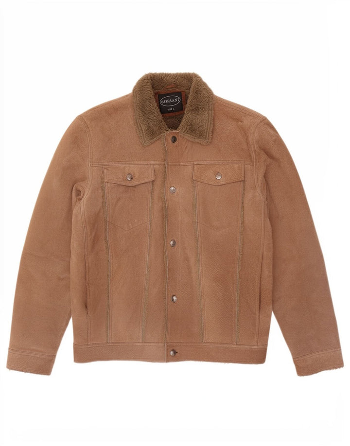 Borsani Chaqueta de cuero Sherpa para hombre Reino Unido 40 Grande Cuero marrón