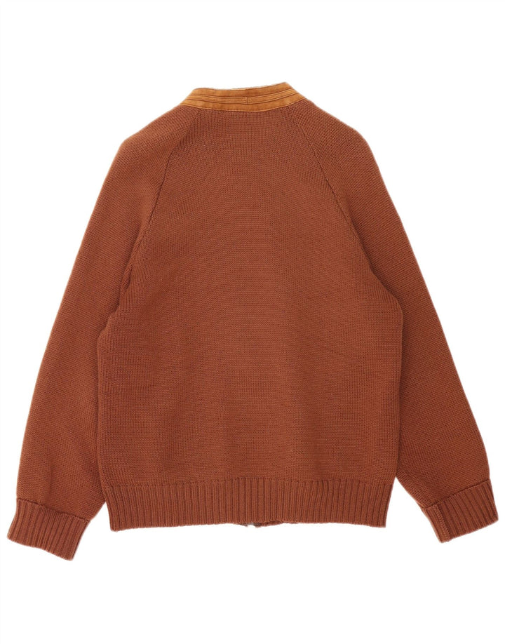 Vintage hombres Cardigan suéter cuero marrón medio