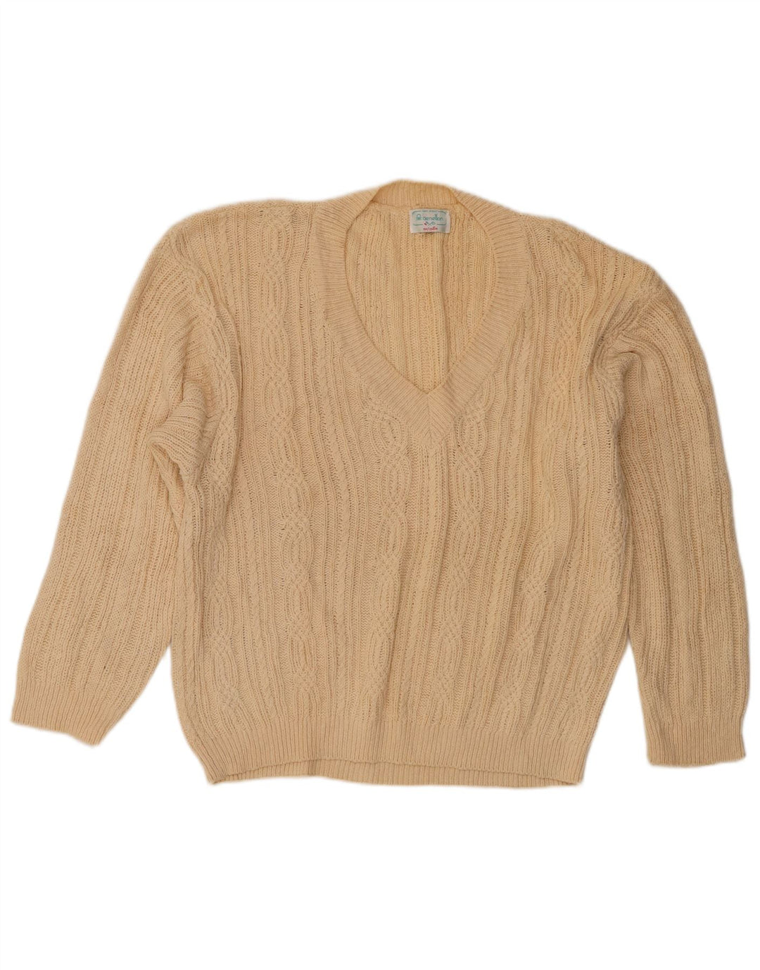 Benetton Jersey Mujer Con Cuello En V IT 48 XL Algodón Beige