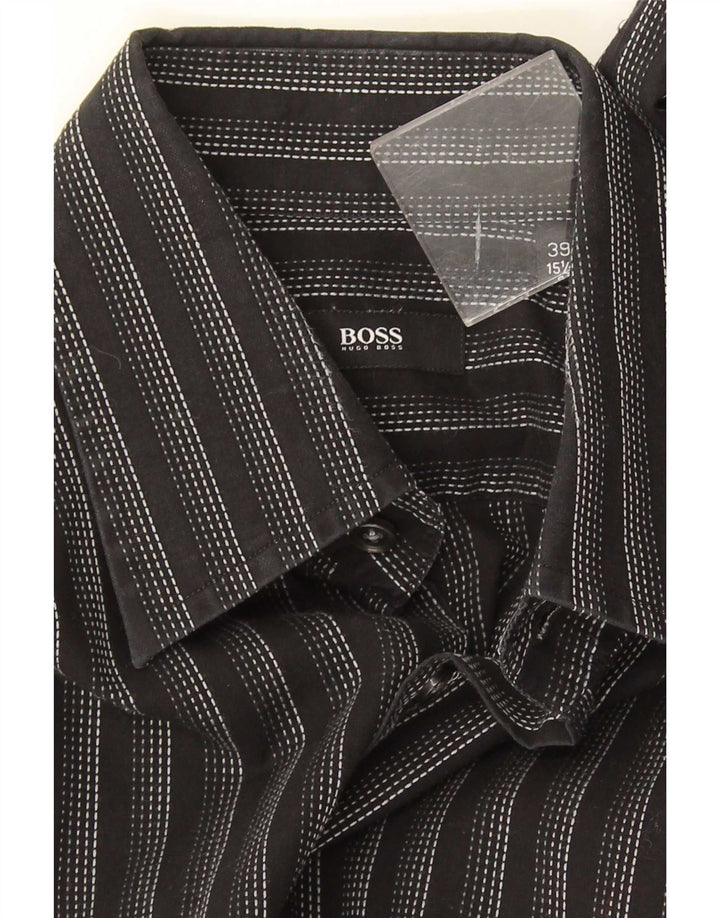 Camisa Hugo Boss para hombre talla 39 15 1/2 mediana negra a rayas