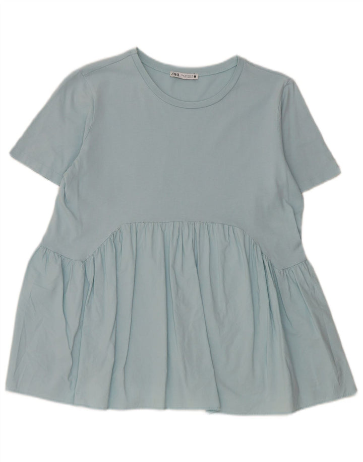 Zara Mujer Blusa Top UK 40 Algodón Azul Medio