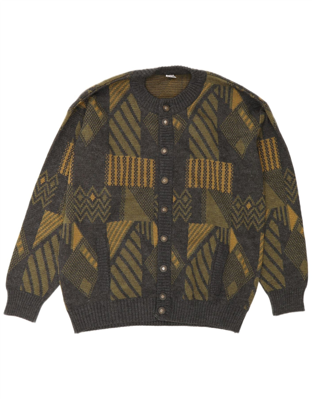Vintage hombres Cardigan suéter grande gris geométrico poliacrílico