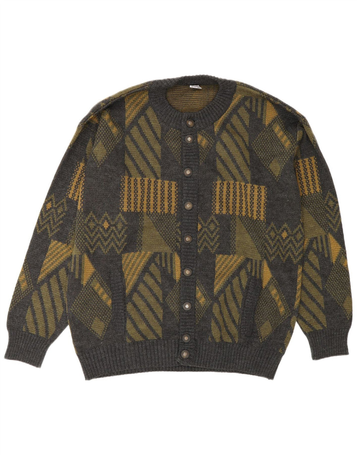 Vintage hombres Cardigan suéter grande gris geométrico poliacrílico