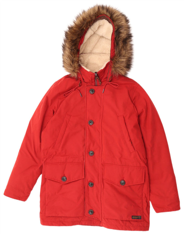 Abercrombie & Fitch Abrigo acolchado con capucha para hombre UK 38 Poliéster rojo medio