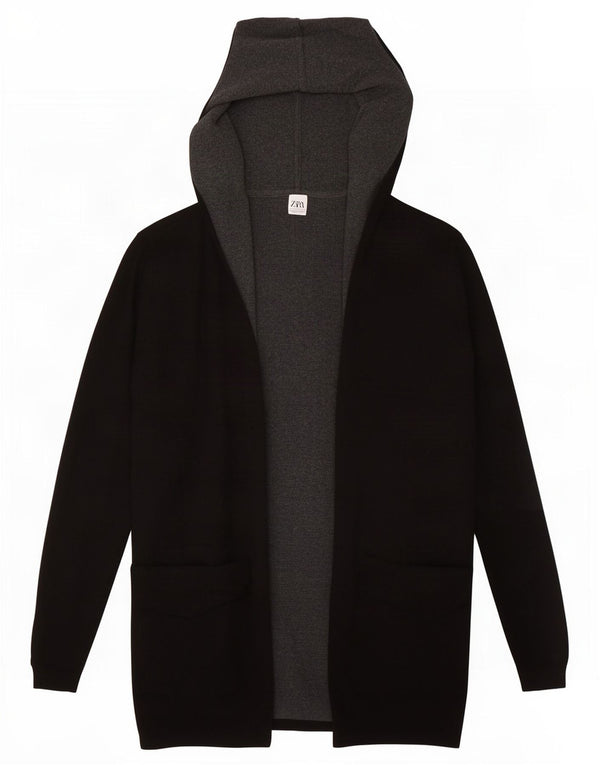 Zara Hombre Jersey Cárdigan Abierto Largo Con Capucha XL Algodón Negro