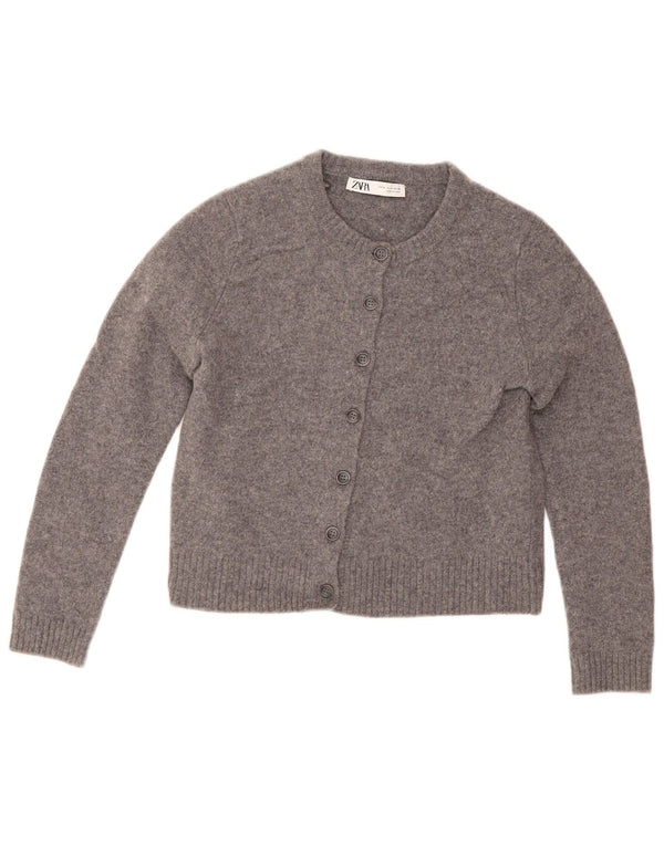 Zara Mujer Crop Cardigan Suéter UK 12 Lana Gris Medio
