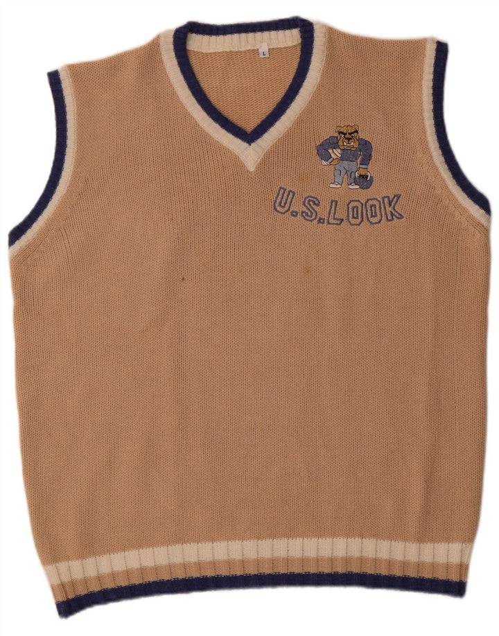 Vintage hombres gráfico chaleco tanque top grande beige acrílico