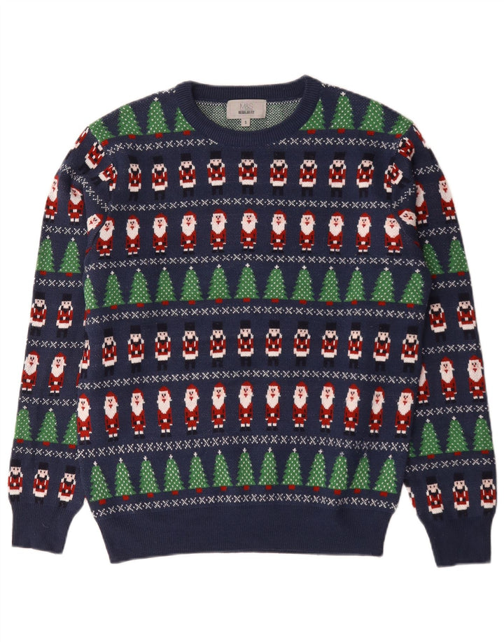 Marks & Spencer Jersey De Cuello Redondo Para Hombre Pequeño Azul Geométrico