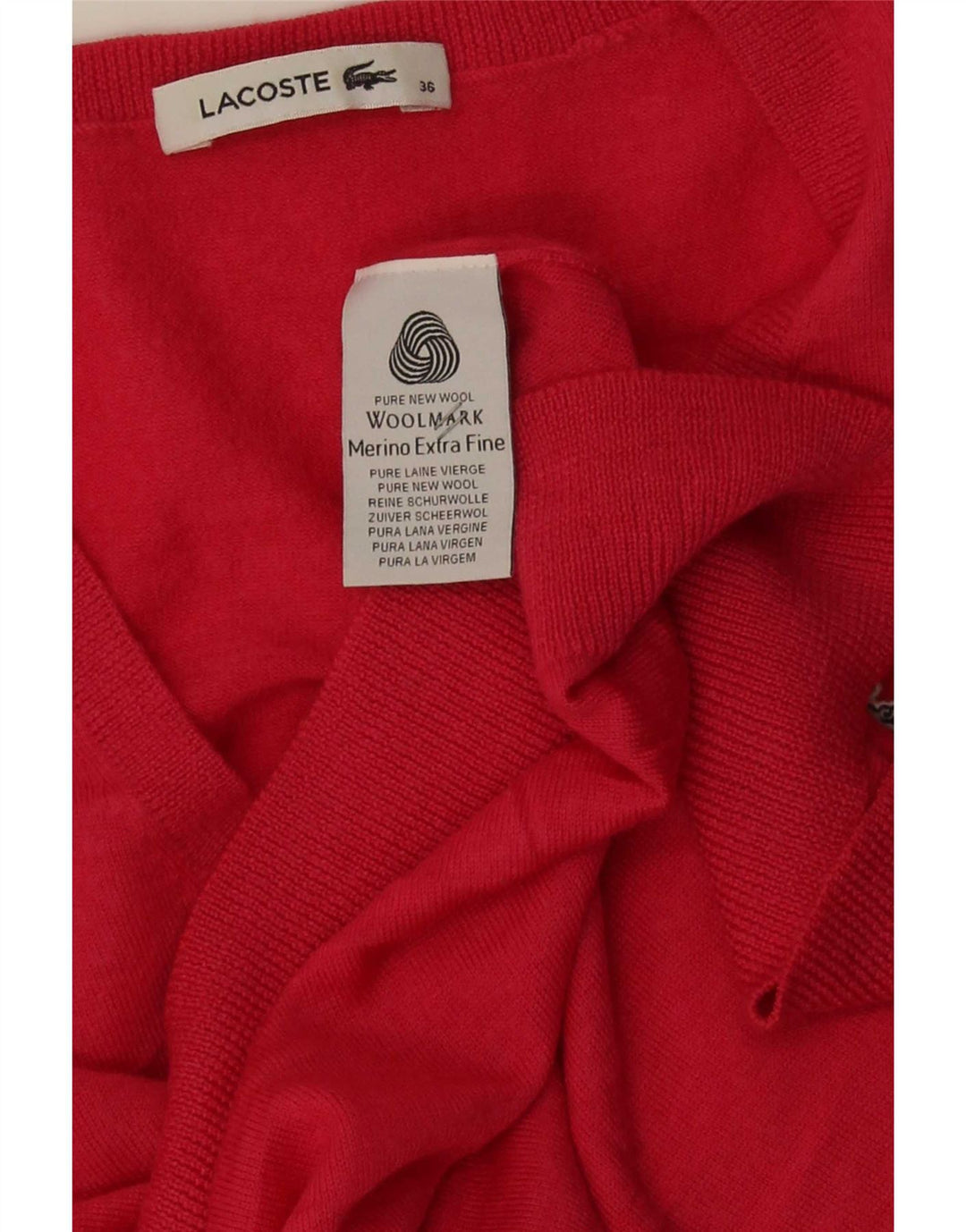 Lacoste Jersey con cuello en V para mujer Talla 36 Pequeño Lana merino roja