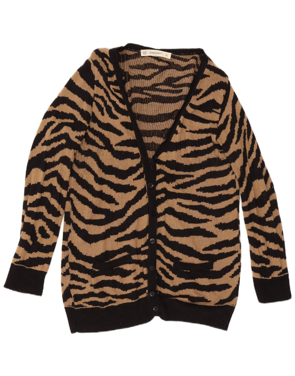 Zara Cárdigan Largo para Mujer UK 46 Grande Marrón Animal Print Algodón