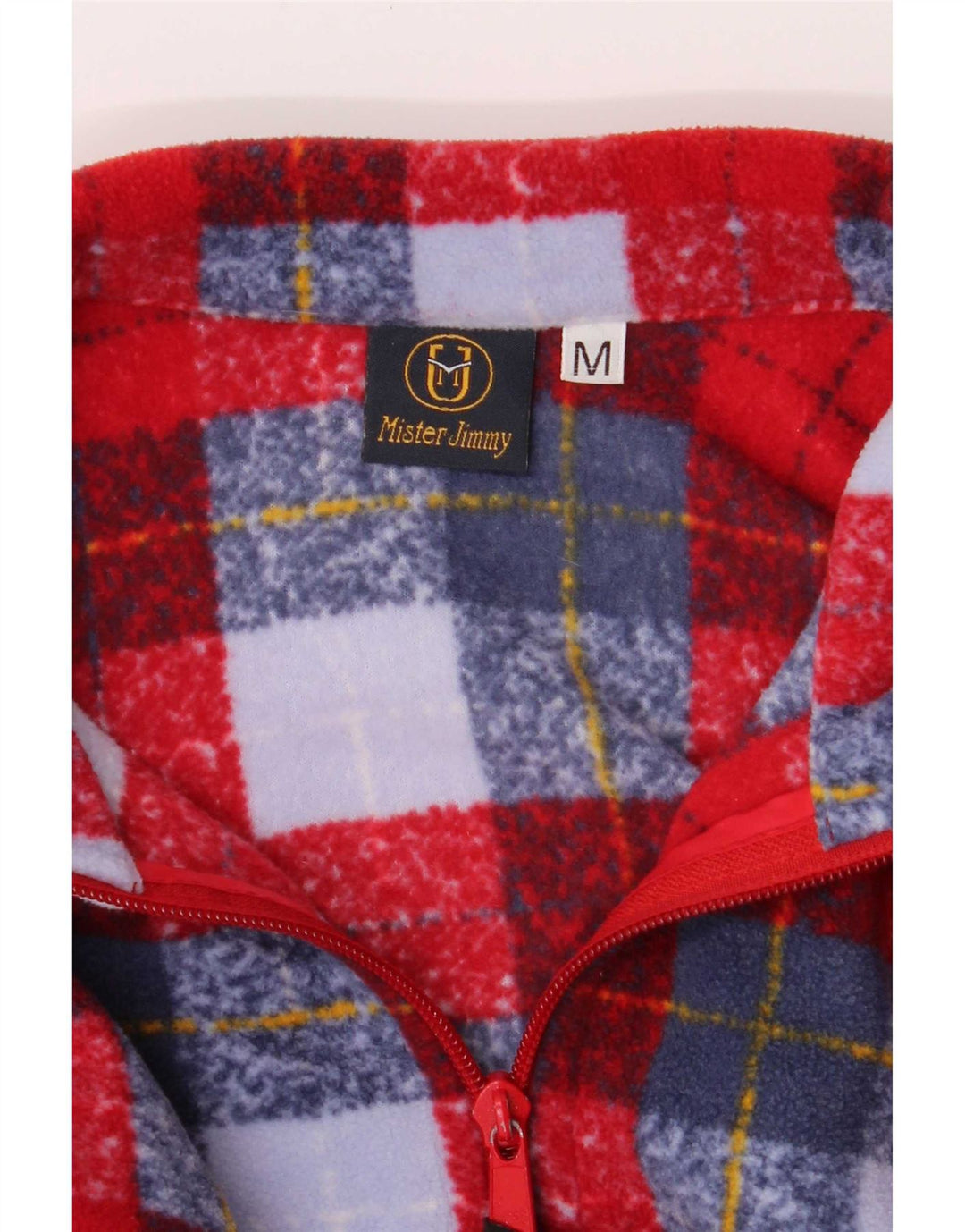 Vintage hombres zip cuello polar jumper medio rojo cuadros poliéster