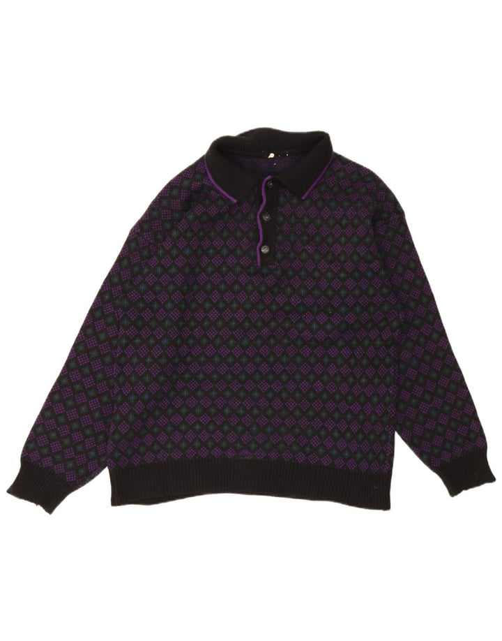 Vintage hombres polo cuello jersey suéter medio multicolor geométrico