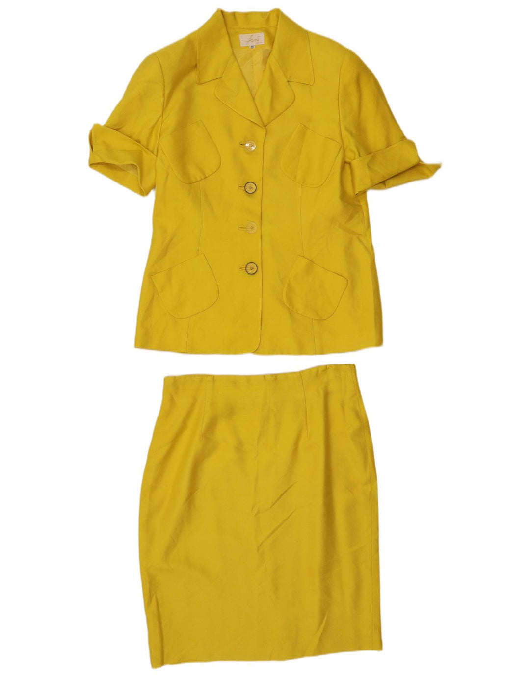 Vintage mujer 4 botones 2 piezas falda conjunto IT 46 grande W32 seda amarilla