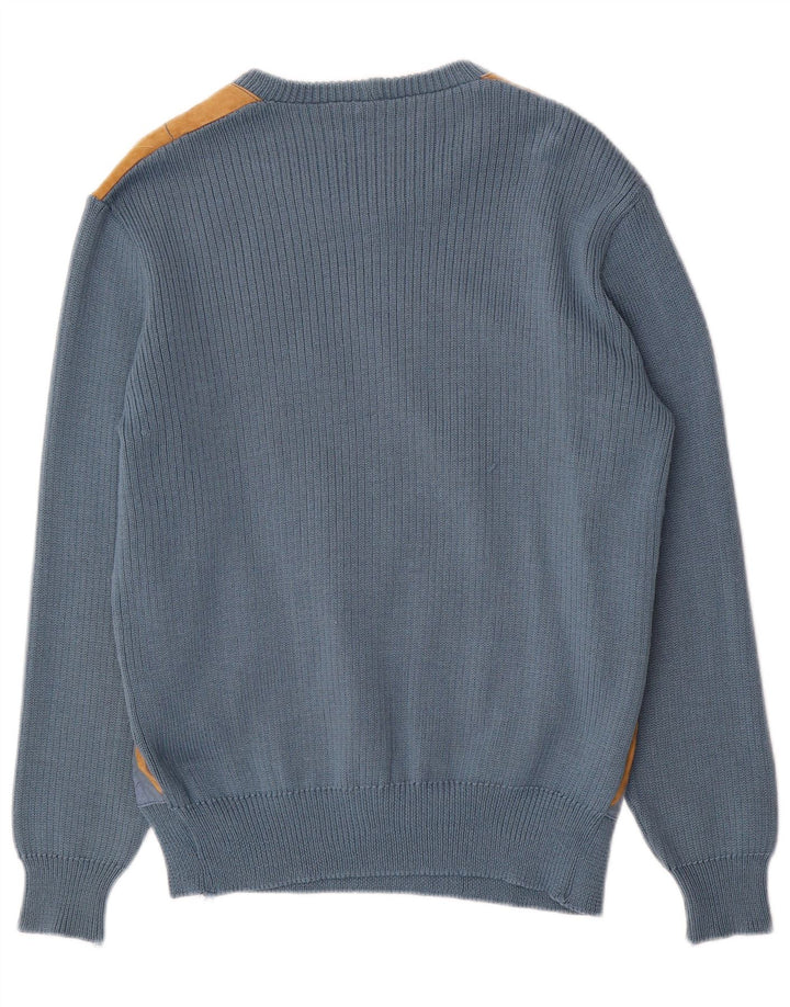 Vintage hombres cuello redondo jersey suéter azul medio Argyle/diamante acrílico