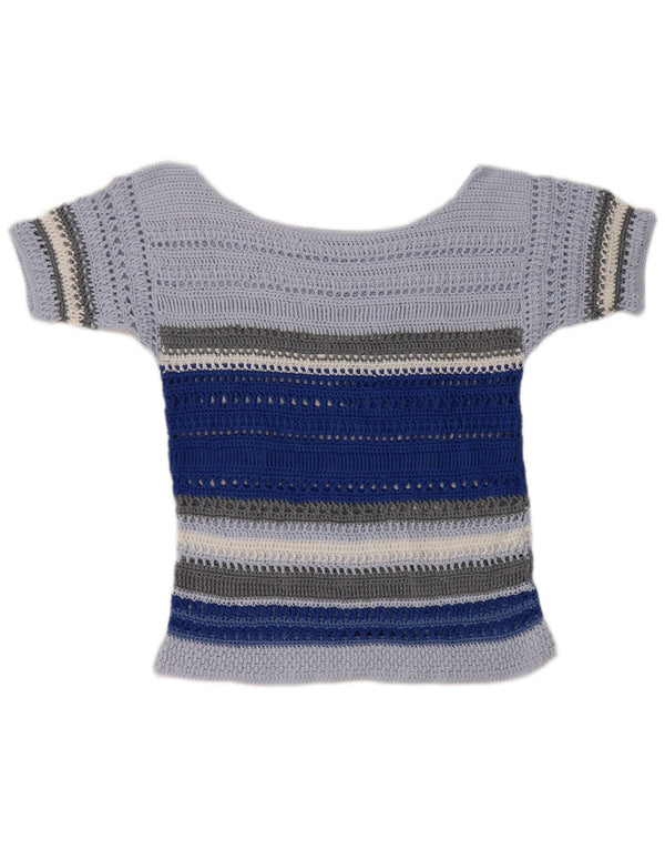 Vintage mujer crochet blusa Top Reino Unido 10 pequeño azul rayas