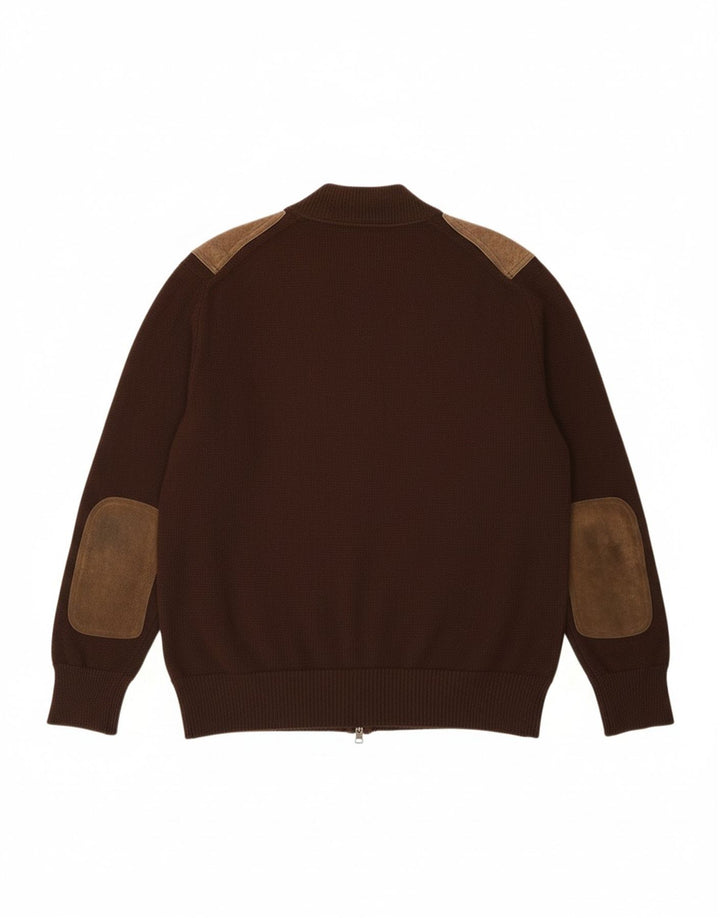 VINTAGE Mens Suede Cardigan Sweater Medium Brown Colourblock Polyacrylic