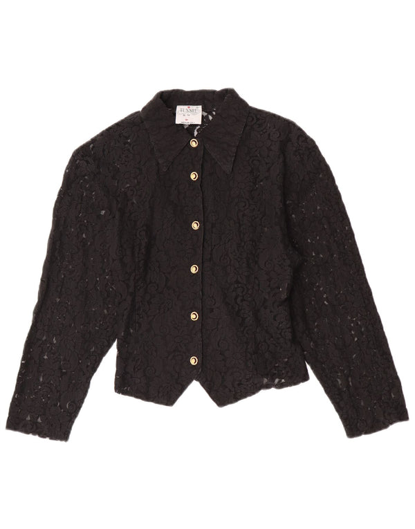 Vintage mujer crop ver a través de camisa blusa Reino Unido 4 XS negro floral