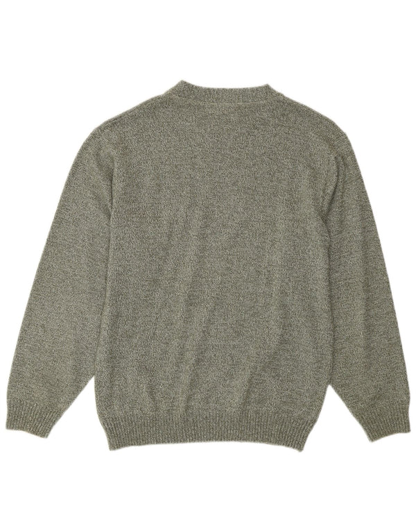 Vintage hombres cuello redondo jersey suéter Reino Unido 34/36 XS verde algodón geométrico