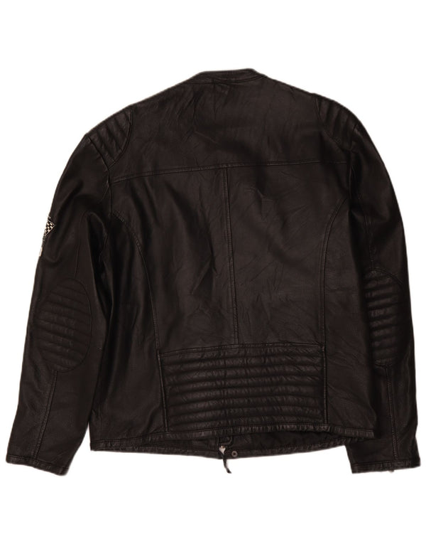 Vintage hombres motocicleta gráfico cuero Racer chaqueta Reino Unido 40 grande negro