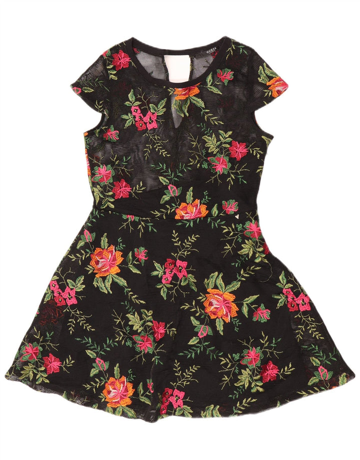 Guess Vestido acampanado transparente para mujer UK 8 Pequeño Poliéster floral negro