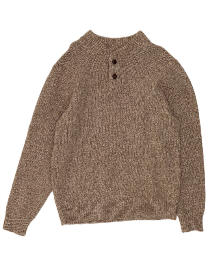 L.L.Bean Suéter tipo jersey con cuello y botones para hombre de lana de cordero moteada en marrón medio