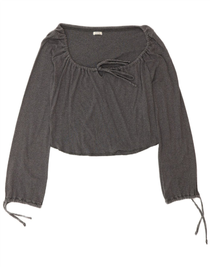 Onyx Top corto con lazo frontal para mujer, manga larga, Reino Unido 40, algodón gris medio