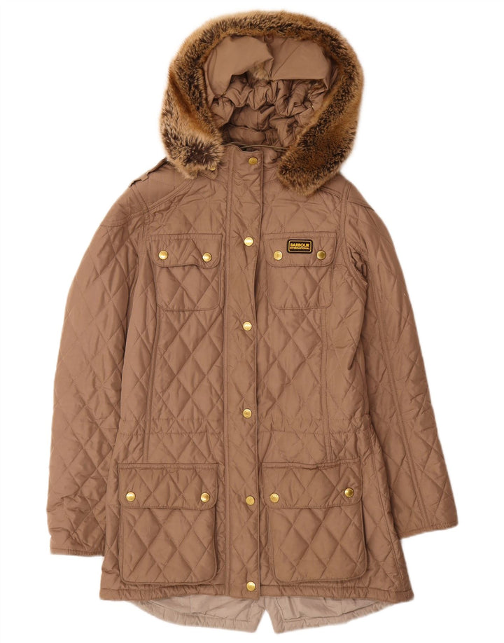 BARBOUR Abrigo acolchado con capucha para mujer Reino Unido 8 Pequeño Poliéster beige