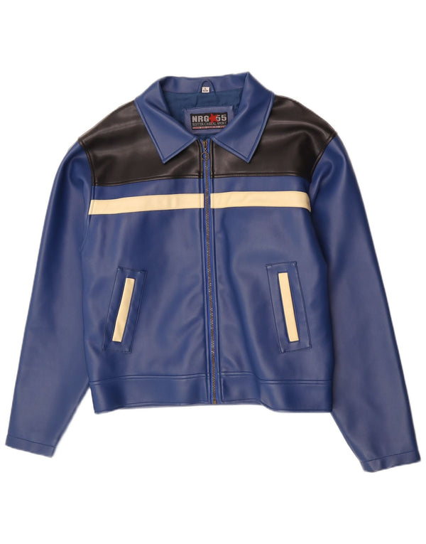 Vintage hombres chaqueta bomber de cuero sintético Reino Unido 40 bloque de color azul grande