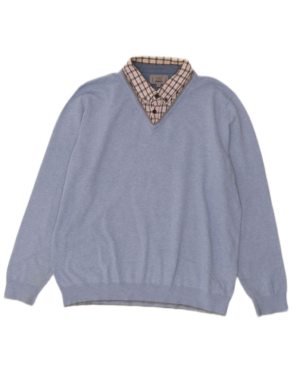 Marks & Spencer Jersey Regular Fit con Cuello en V para Hombre XL Algodón a Cuadros Azul