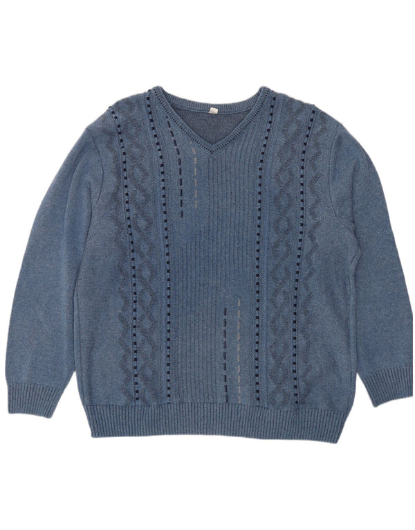 VINTAGE Hombres V-Cuello Jumper Suéter UK 44 XL Algodón Geométrico Azul
