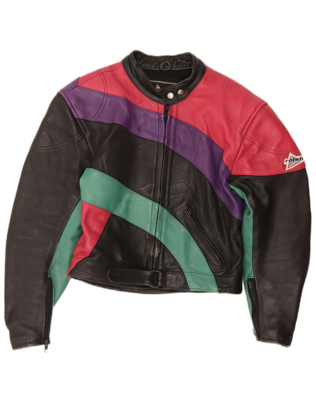 ROLEFF Chaqueta corta para mujer UK 40 Grande Negro Colorblock Cuero Moto