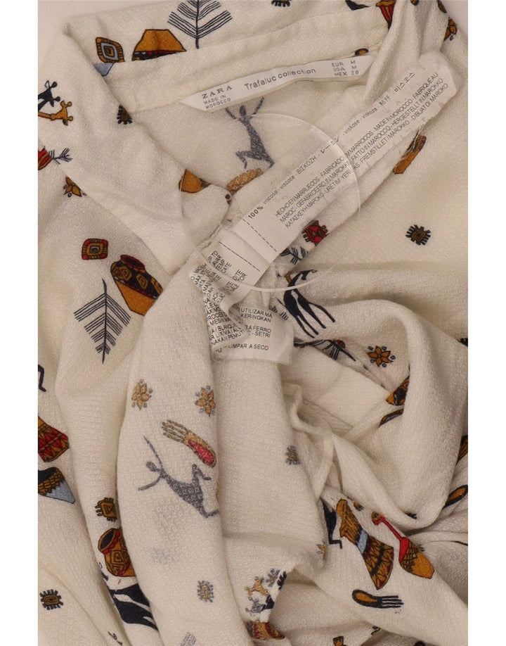 Zara Blusa Trafaluc con estampado abstracto para mujer, talla 40, talla mediana, color blanco