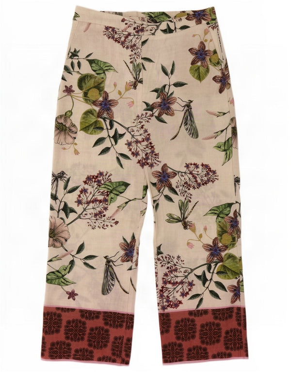 Zara Mujer Pantalón Holgado XL W32 L30 Poliéster Floral Blanco Roto